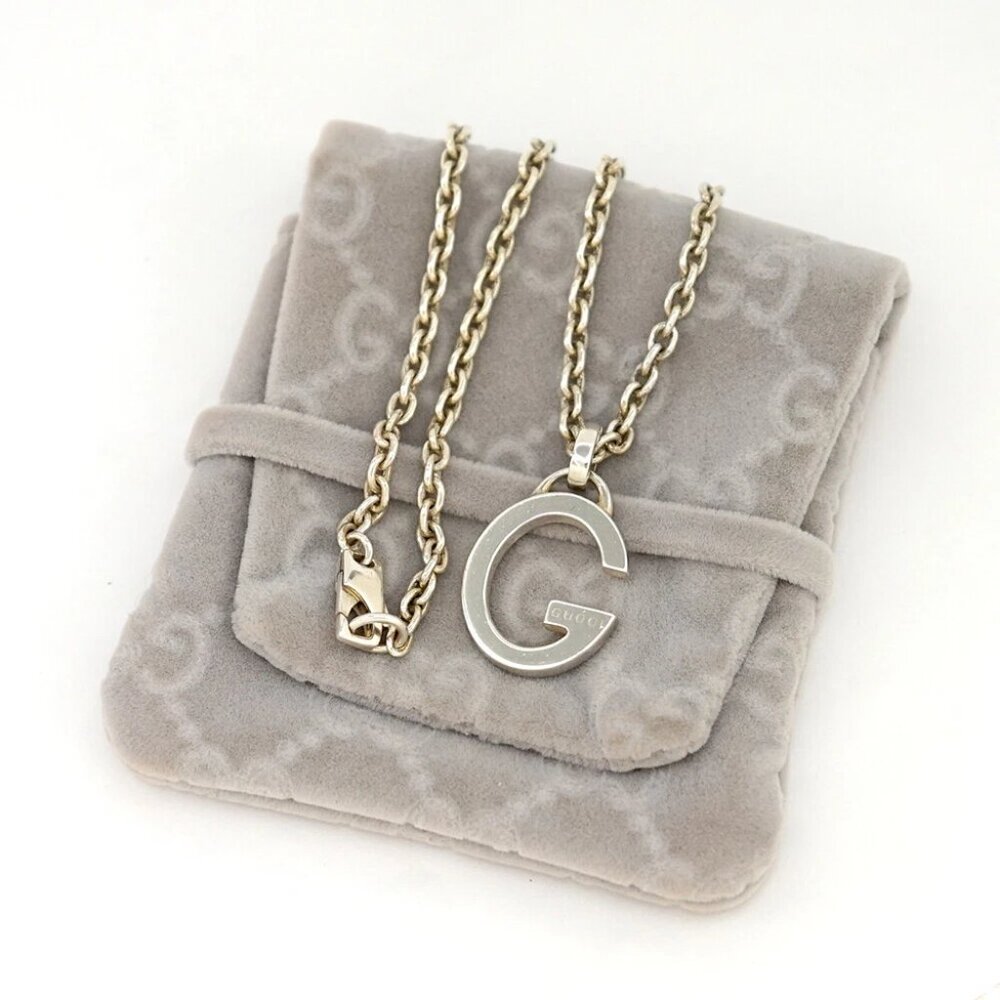GUCCI G Logo Pendant Necklace 18" Silver 925 Auth w/Bag #22904 - Picture 7 of 9